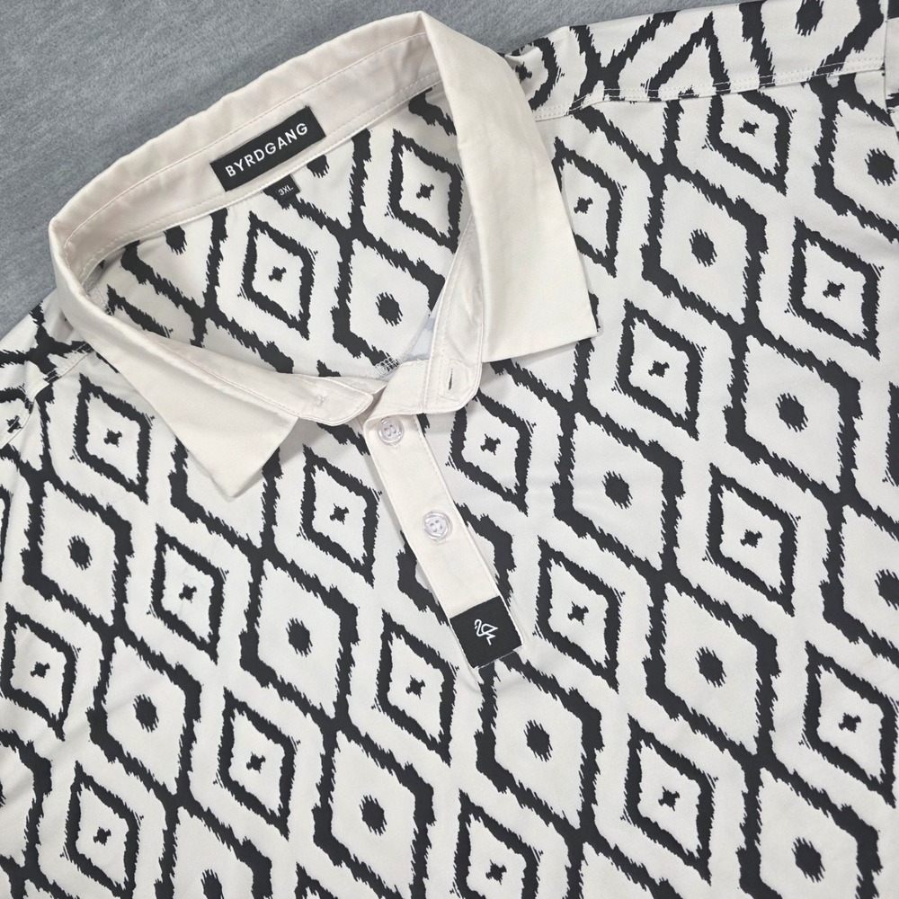 Byrdgang Men 3XL Performance Polo Shirt Black White Geometric Ikat Diamond Print